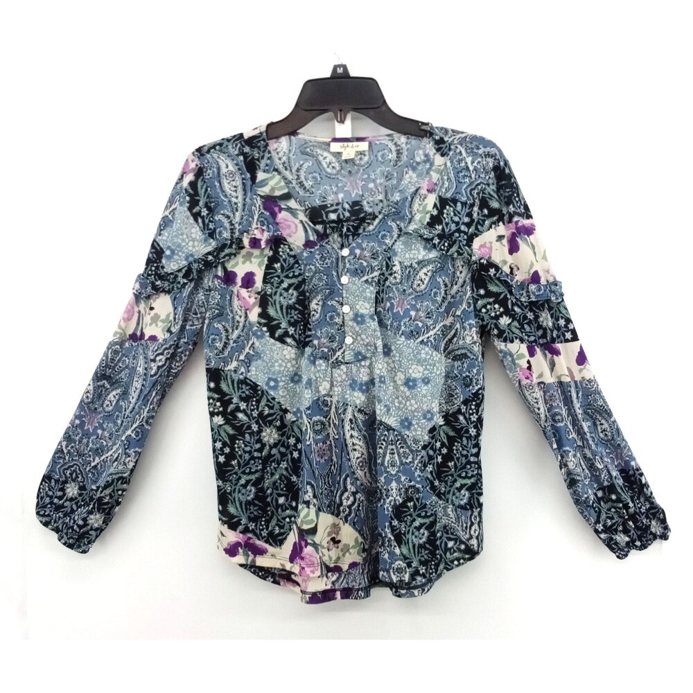 Style & Co Blouse Women Size PM Blue Floral  Long Sleeve V Neck Lightweight Top
